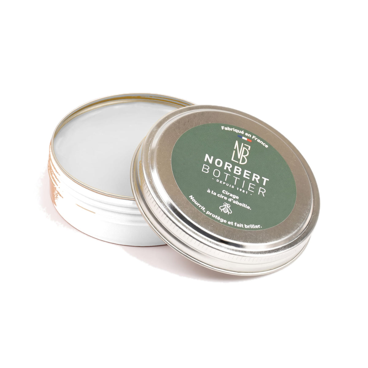 Pâte de cirage incolore 50 ml Norbert Bottier, boîte métal de 50 ml, ouvert