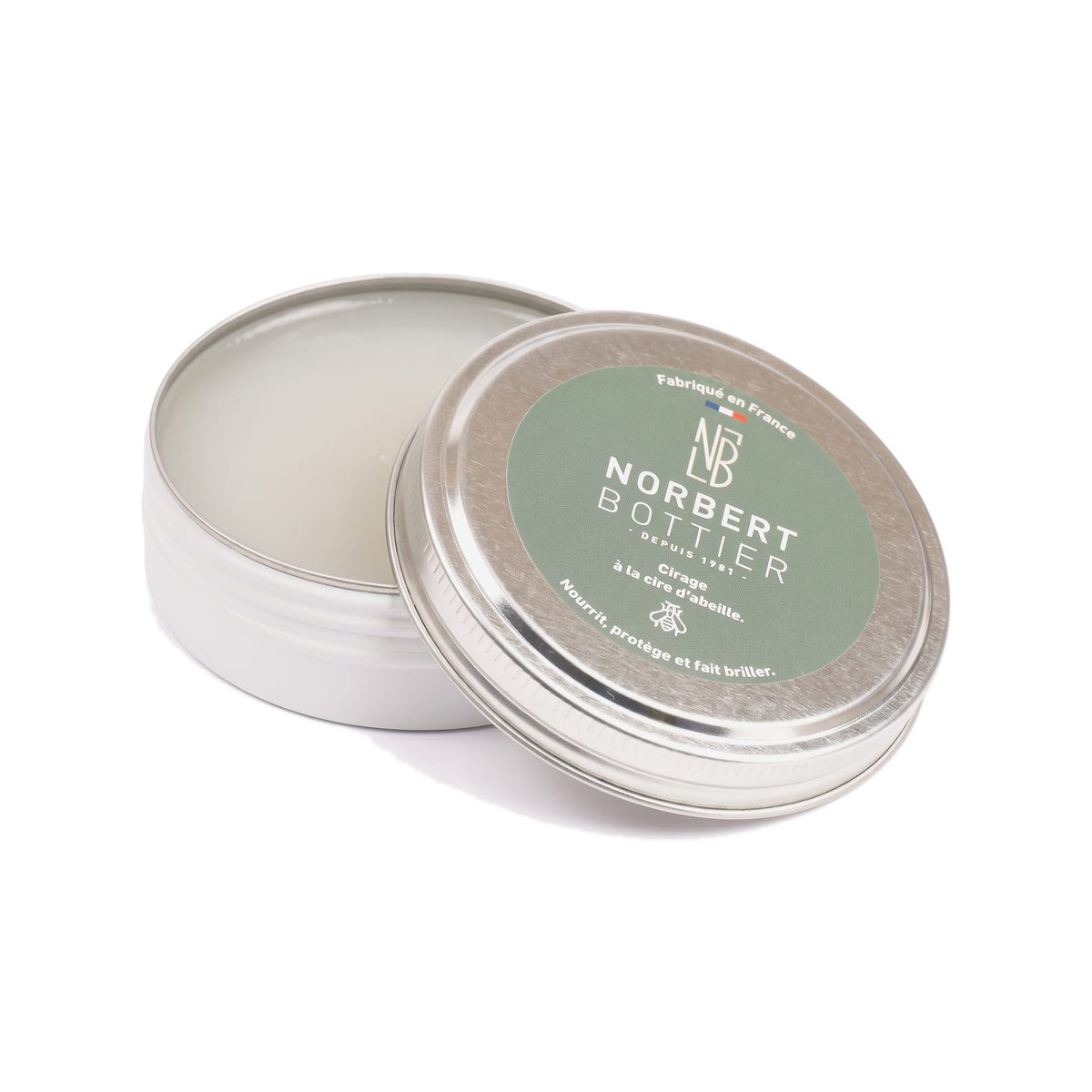 Pâte de cirage incolore 50 ml Norbert Bottier, boîte métal de 50 ml, ouvert