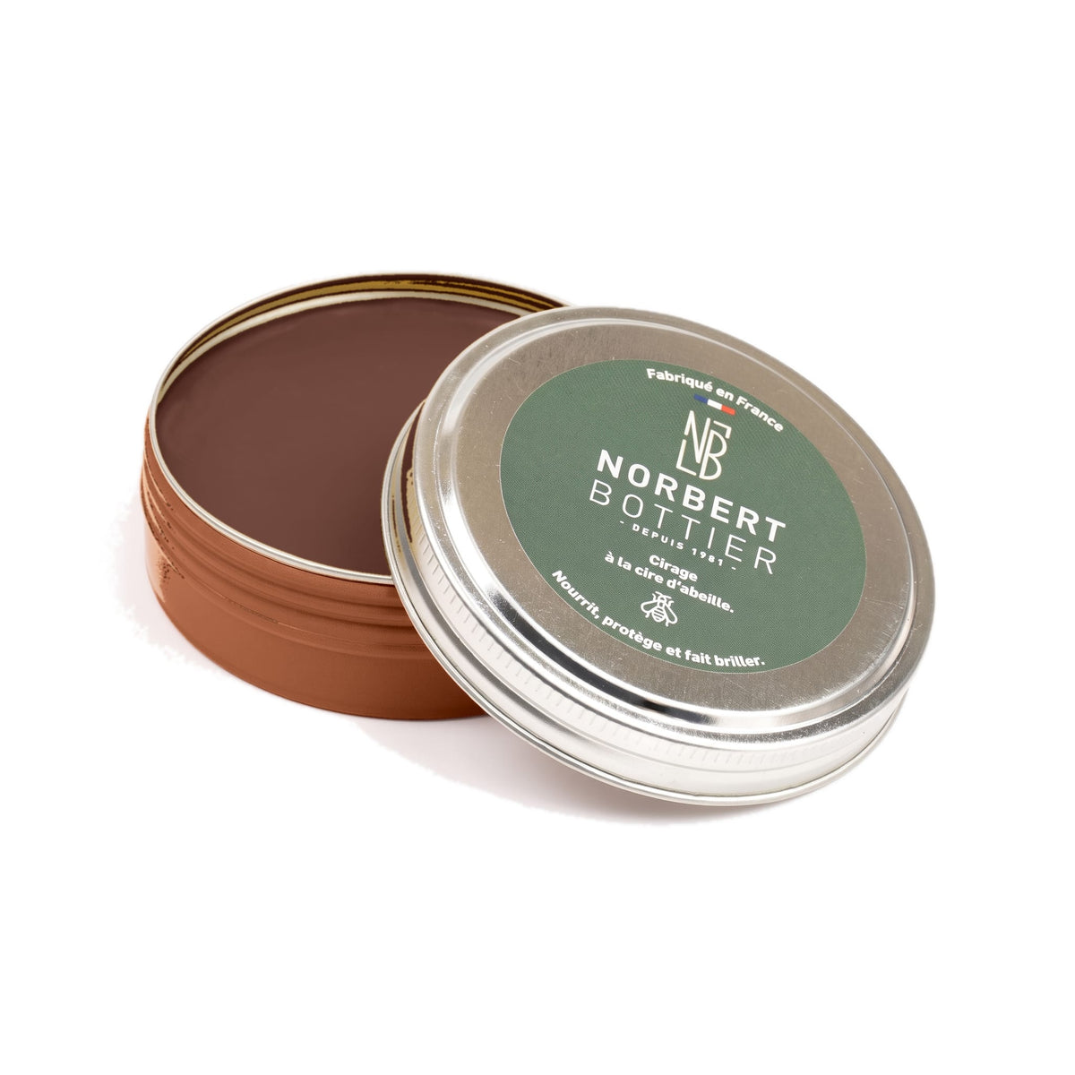 Pâte de cirage marron 50 ml Norbert Bottier, boîte métal de 50 ml, ouvert