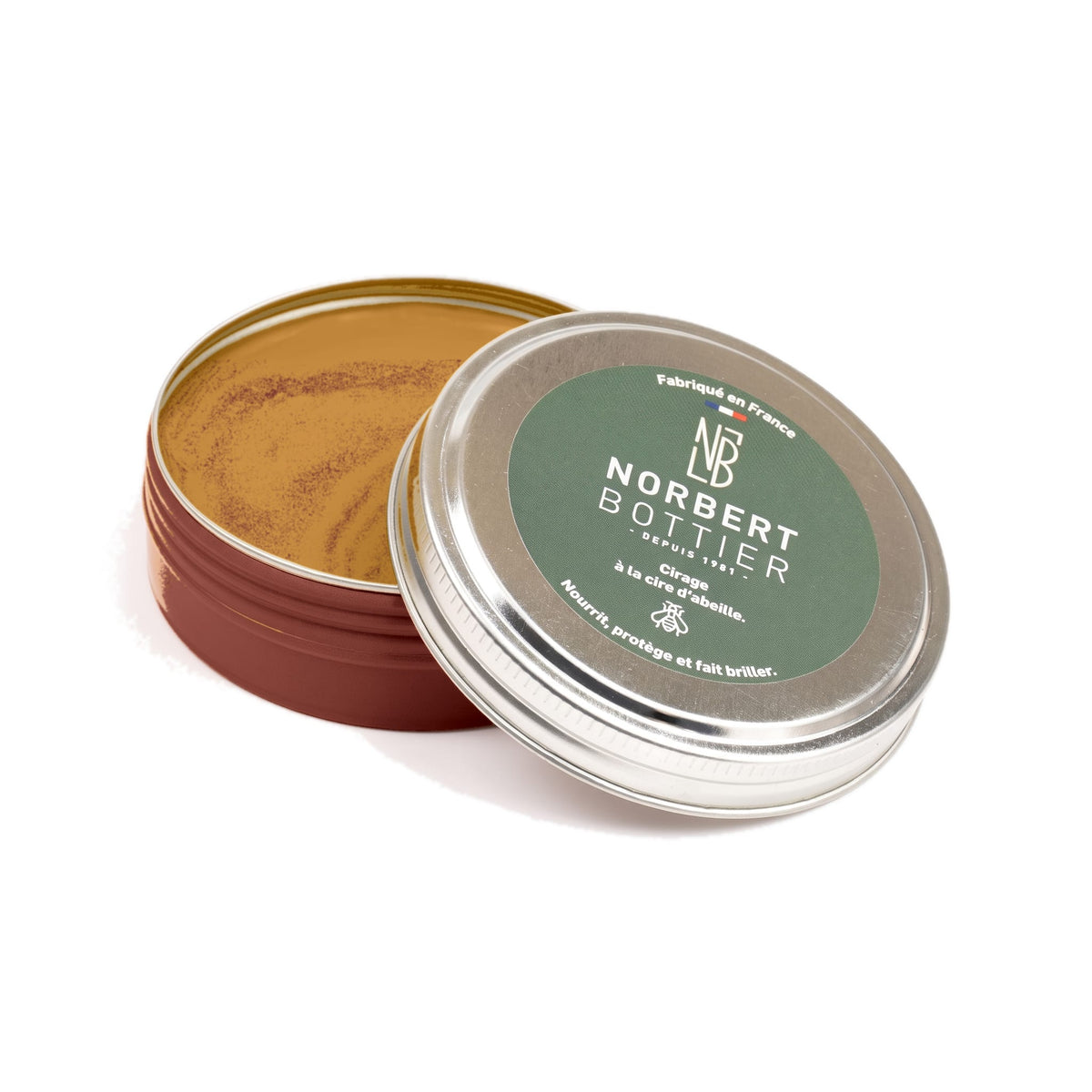Pâte de cirage marron clair 50 ml Norbert Bottier, boîte métal de 50 ml, ouvert