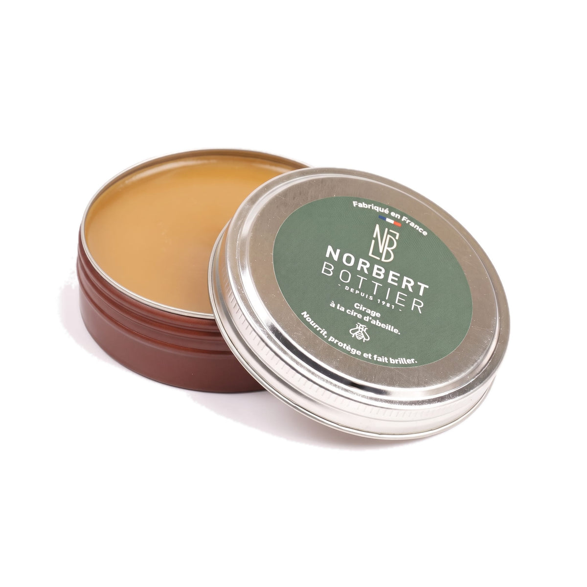 Pâte de cirage marron clair 50 ml Norbert Bottier, boîte métal de 50 ml, ouvert