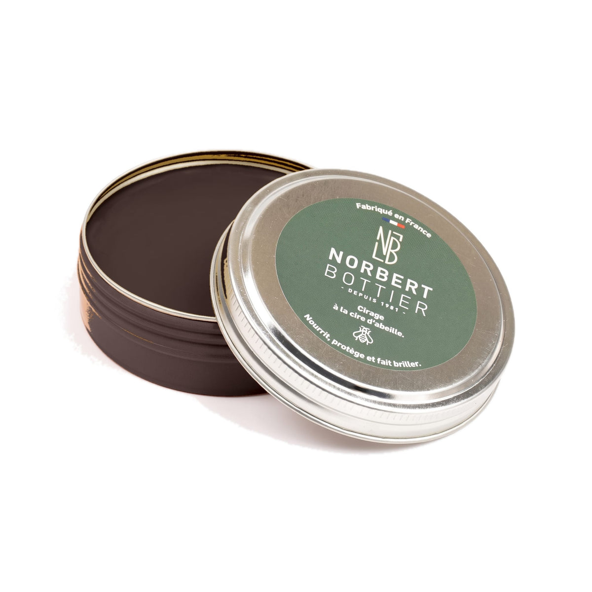 Pâte de cirage marron foncé 50 ml Norbert Bottier, boîte métal de 50 ml, ouvert