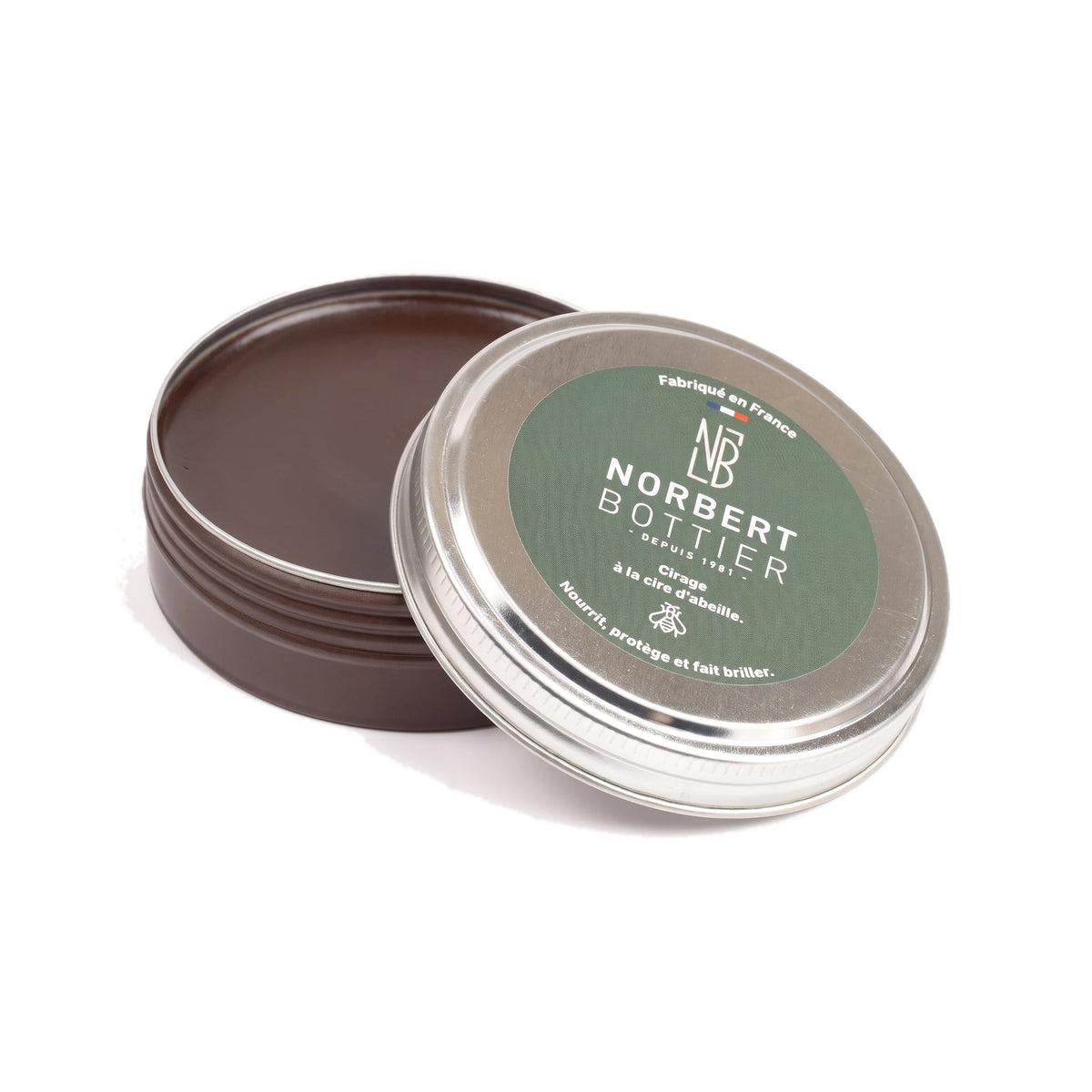 Pâte de cirage marron foncé 50 ml Norbert Bottier, boîte métal de 50 ml, ouvert