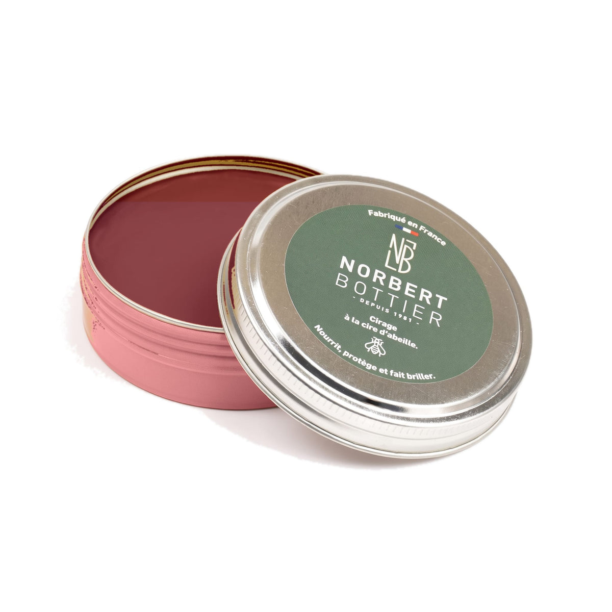 Pâte de cirage rouge bordeaux 50 ml Norbert Bottier, boîte métal de 50 ml, ouvert