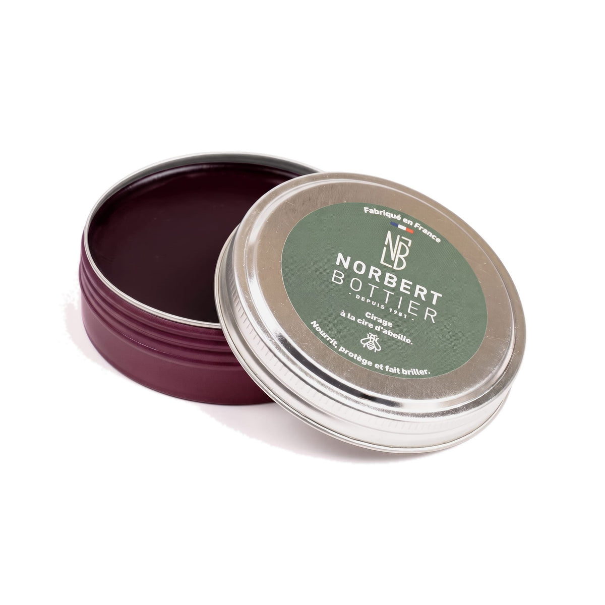 Pâte de cirage rouge bordeaux 50 ml Norbert Bottier, boîte métal de 50 ml, ouvert