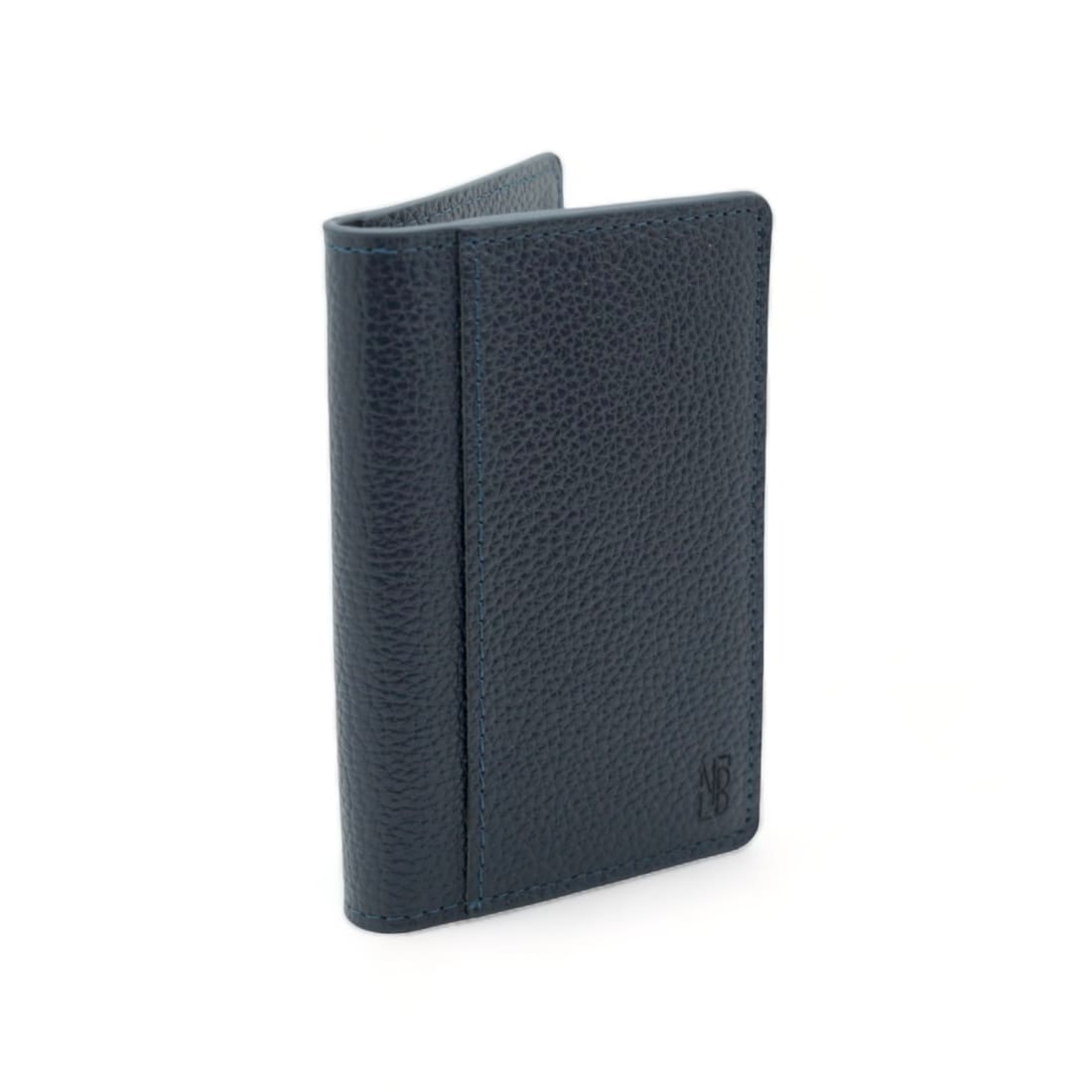 Portefeuille vertical en cuir grainé bleu marine fermé, vu de trois quarts