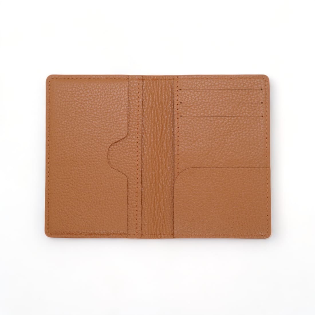 Portefeuille vertical en cuir grainé gold ouvert à plat : grande poche à encoche à gauche, fentes à cartes à droite