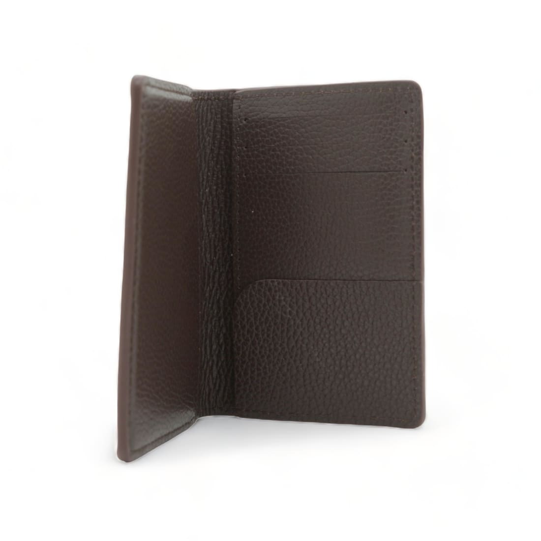 Portefeuille vertical en cuir grainé marron foncé entrouvert, intérieur en cuir grainé