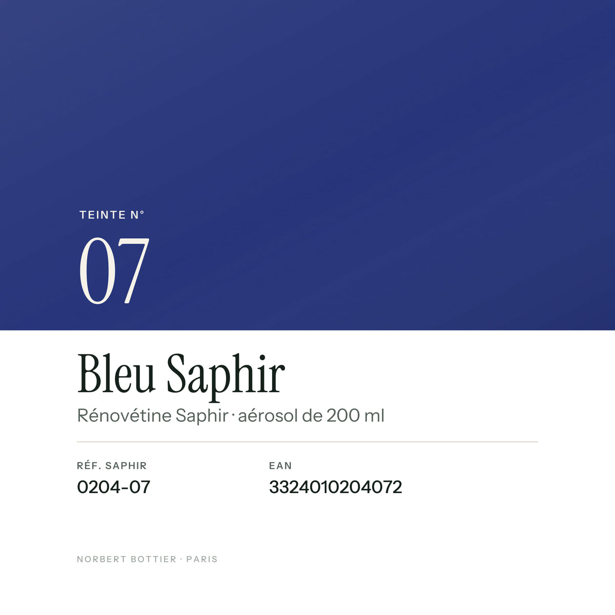 Teinte Bleu Saphir n° 07 de la Rénovétine Saphir, réf. 0204-07, EAN 3324010204072