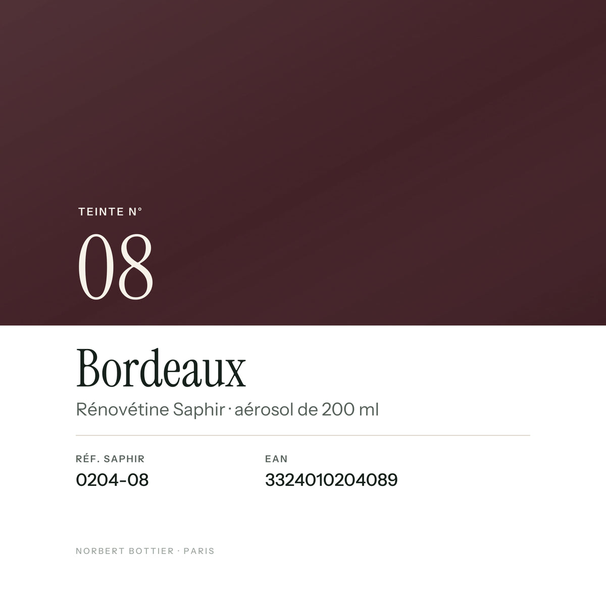 Teinte Bordeaux n° 08 de la Rénovétine Saphir, réf. 0204-08, EAN 3324010204089