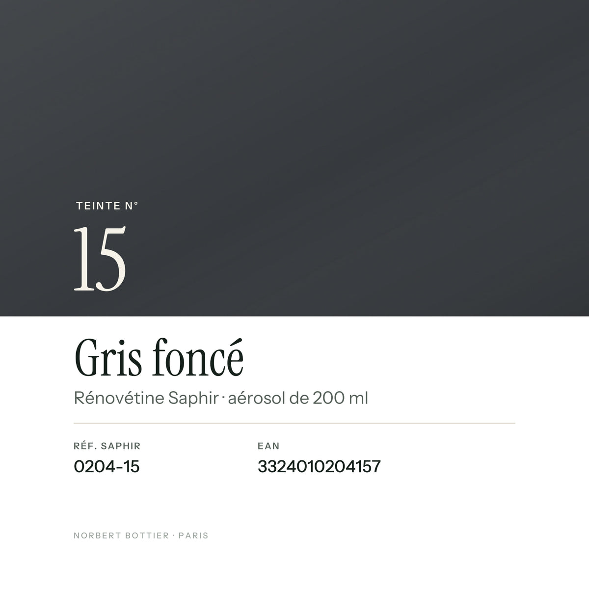 Teinte Gris foncé n° 15 de la Rénovétine Saphir, réf. 0204-15, EAN 3324010204157