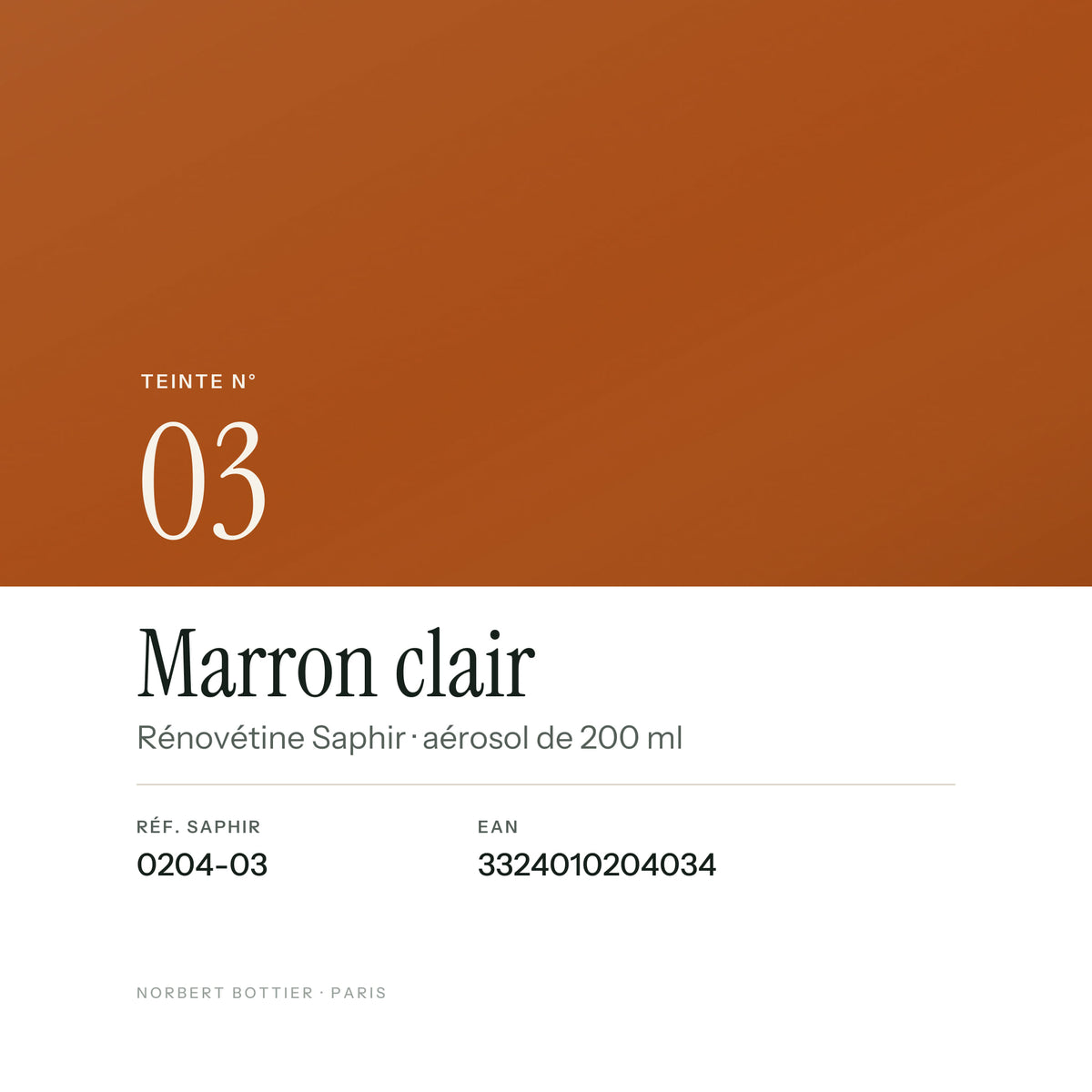 Teinte Marron clair n° 03 de la Rénovétine Saphir, réf. 0204-03, EAN 3324010204034