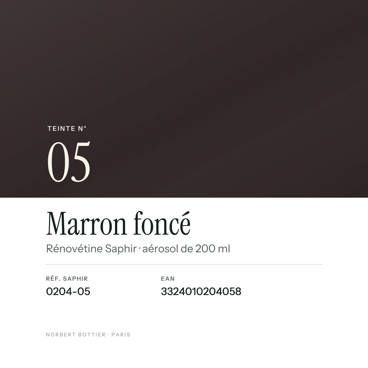 Teinte Marron foncé n° 05 de la Rénovétine Saphir, réf. 0204-05, EAN 3324010204058