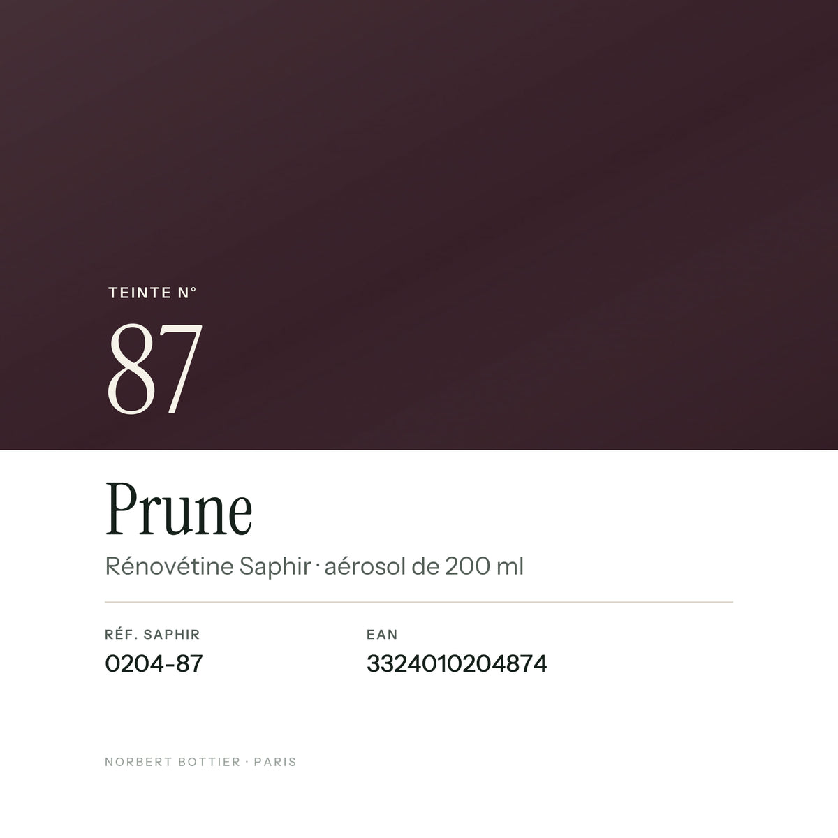 Teinte Prune n° 87 de la Rénovétine Saphir, réf. 0204-87, EAN 3324010204874