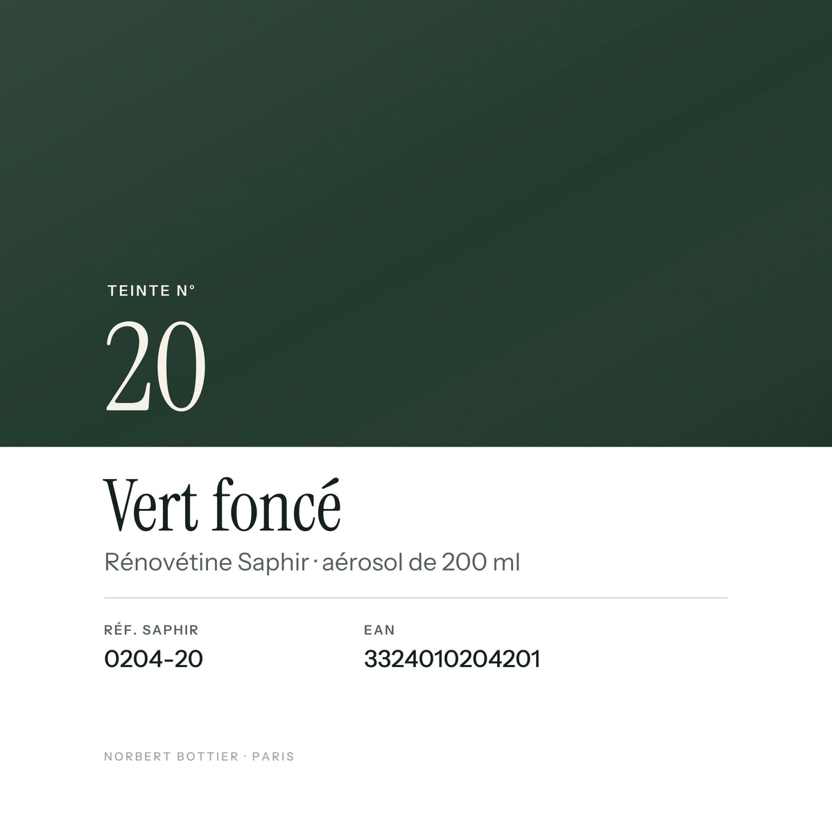 Teinte Vert foncé n° 20 de la Rénovétine Saphir, réf. 0204-20, EAN 3324010204201