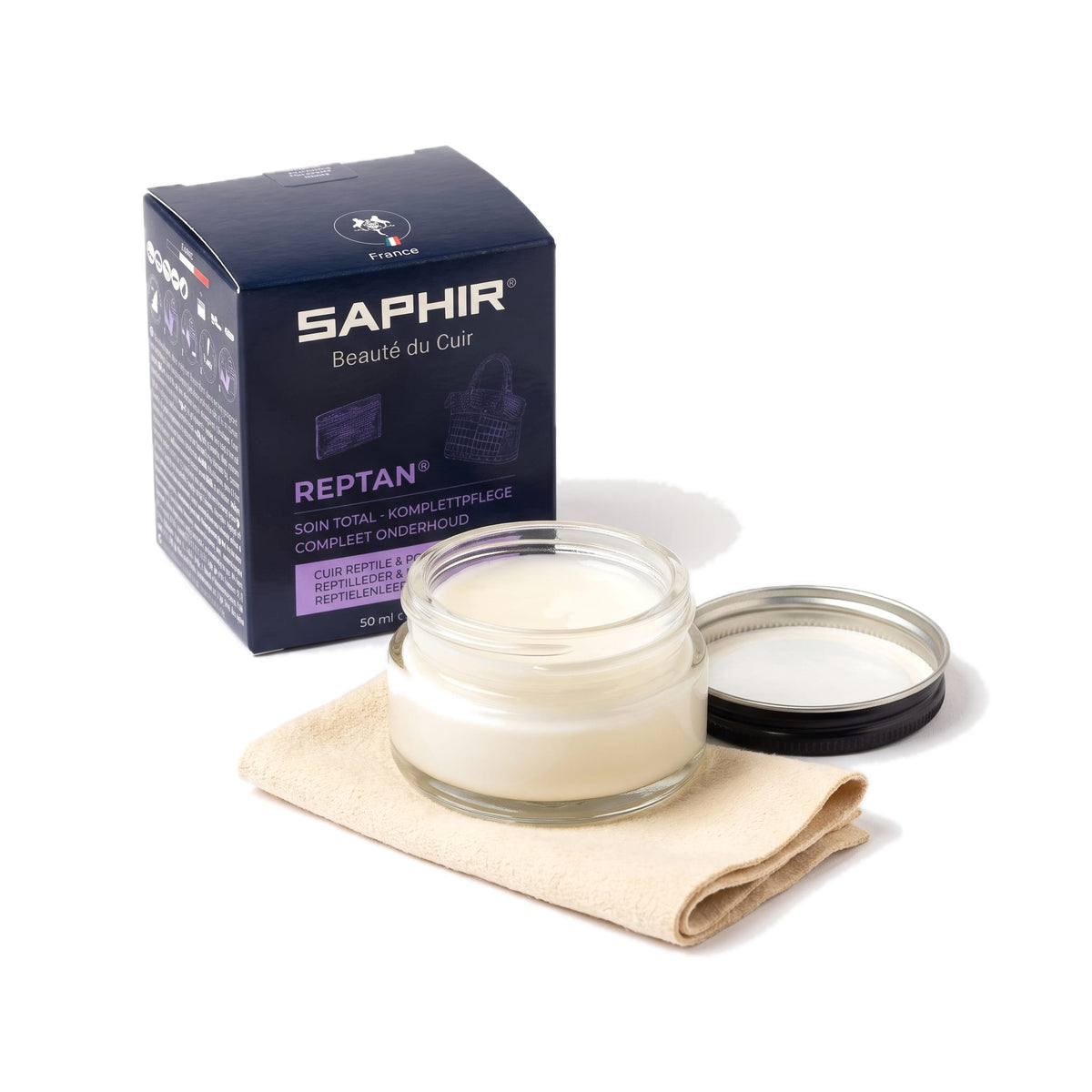 Reptan Saphir, pot ouvert avec sa chamoisine