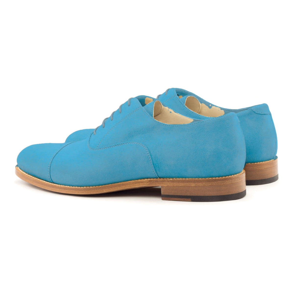 Richelieu bout droit en daim de chevreau turquoise, la paire vue de trois quarts arrière