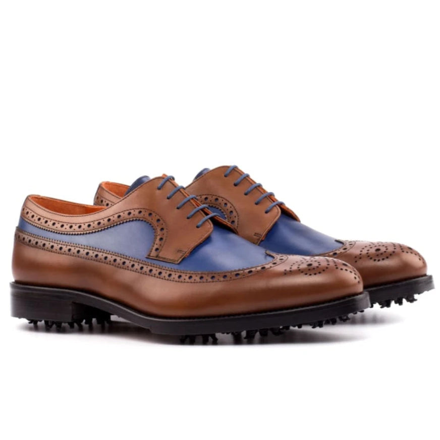 Derby brogue de golf en cuir gold et bleu
