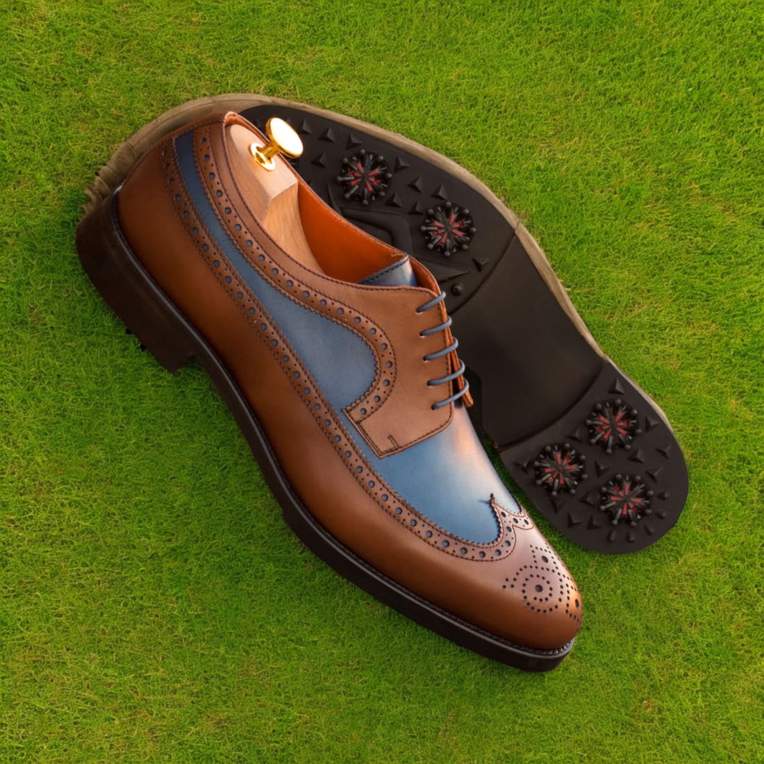 Derby brogue de golf en cuir gold et bleu – vue 4