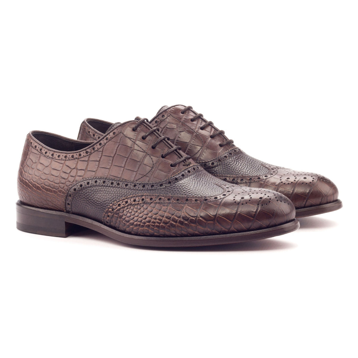 Richelieu fleuri en cuir croco et grainé marron foncé – vue 1