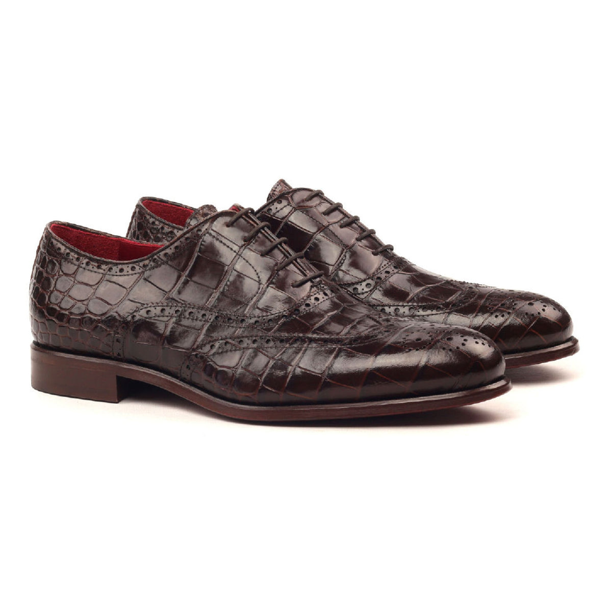 Richelieu fleuri en cuir croco marron foncé – vue 1