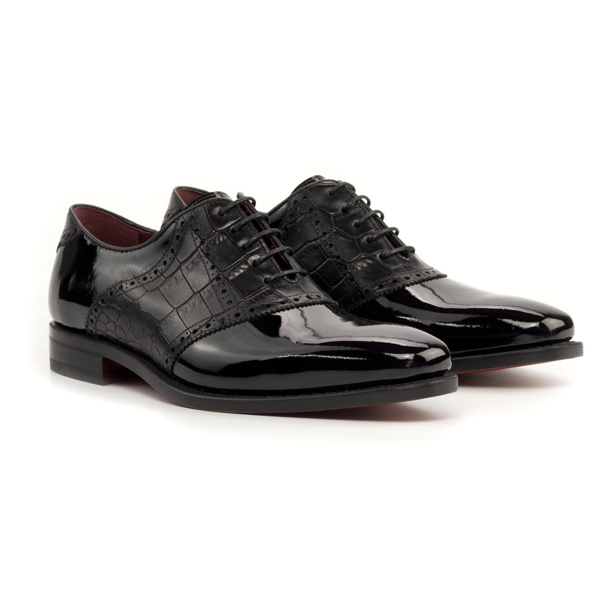 Richelieu Saddle en cuir vernis et croco noir – vue 1