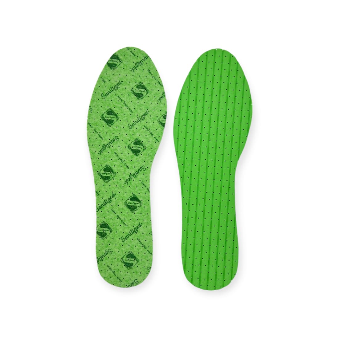 Paire de semelles anti-odeurs : le dessus vert imprimé du logo de son traitement et le dessous en mousse verte perforée.