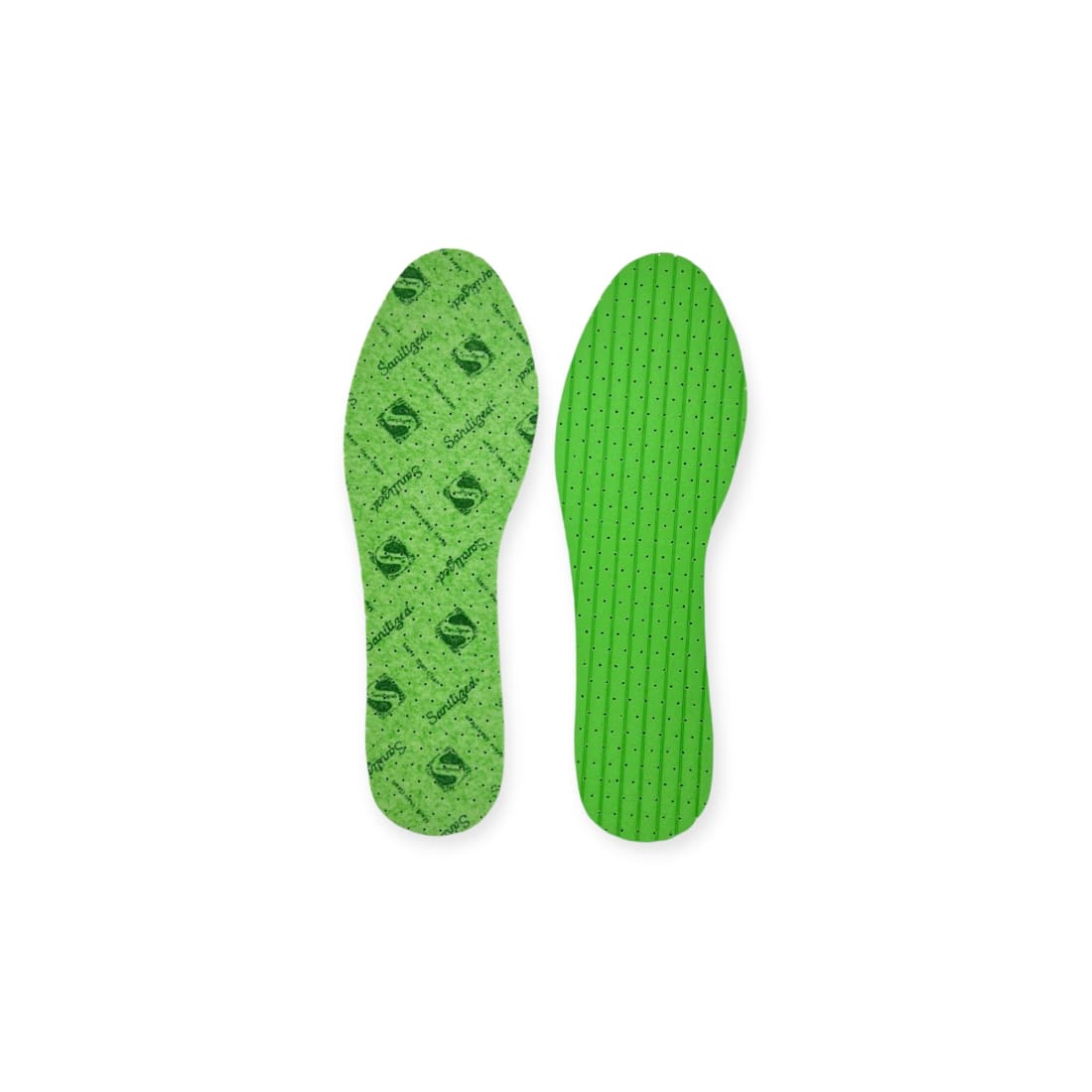 Paire de semelles anti-odeurs pour enfants : le dessus vert imprimé du logo de son traitement et le dessous en mousse verte perforée.
