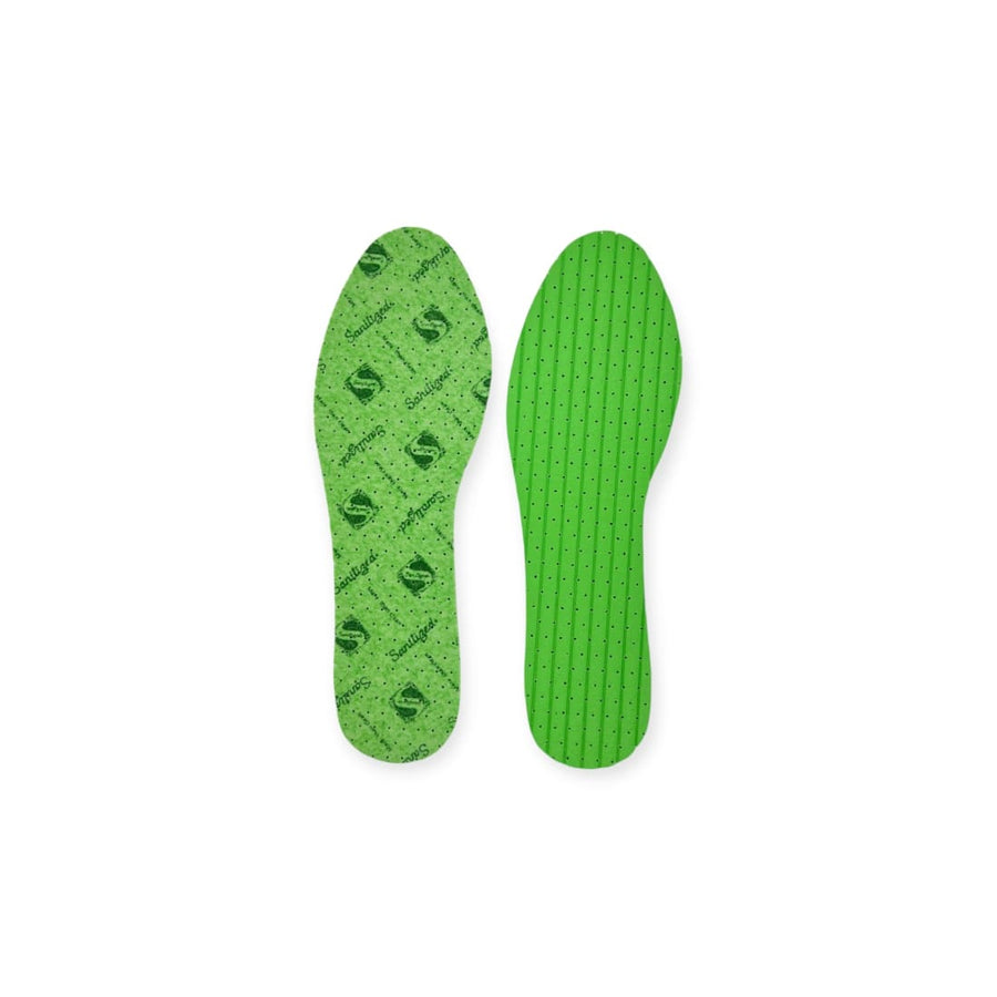 Paire de semelles anti-odeurs pour enfants : le dessus vert imprimé du logo de son traitement et le dessous en mousse verte perforée.