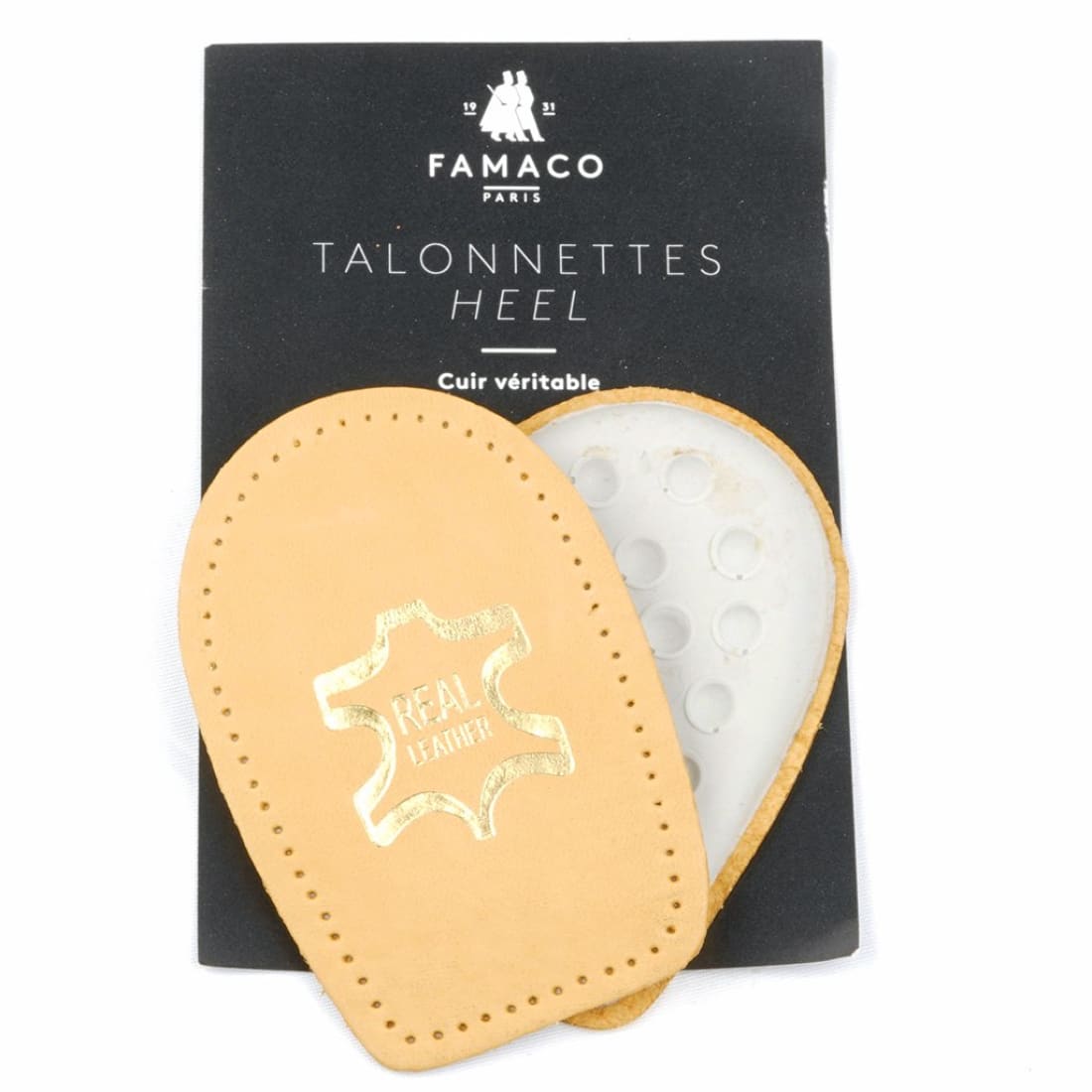 Talonnettes en cuir posées sur leur étui.