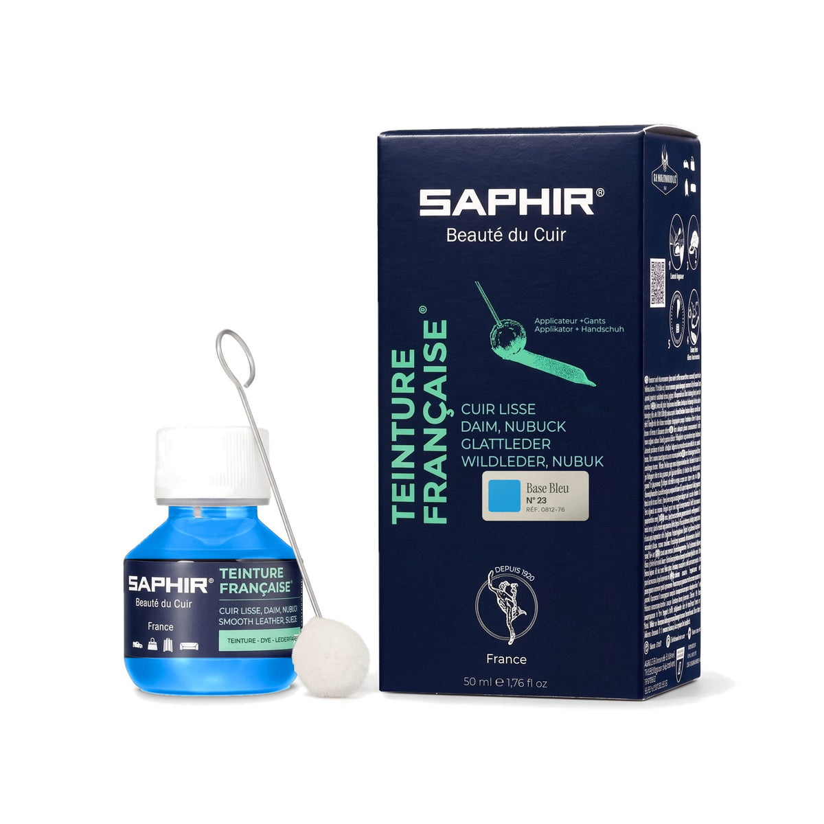 Teinture Française Saphir Base Bleu, flacon en verre de 50 ml avec bâtonnet applicateur et étui