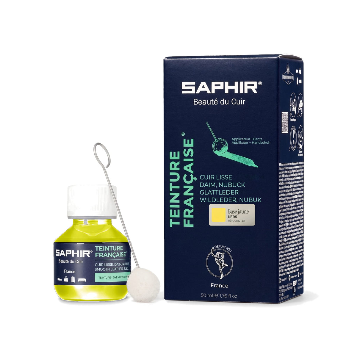 Teinture Française Saphir Base jaune, flacon en verre de 50 ml avec bâtonnet applicateur et étui