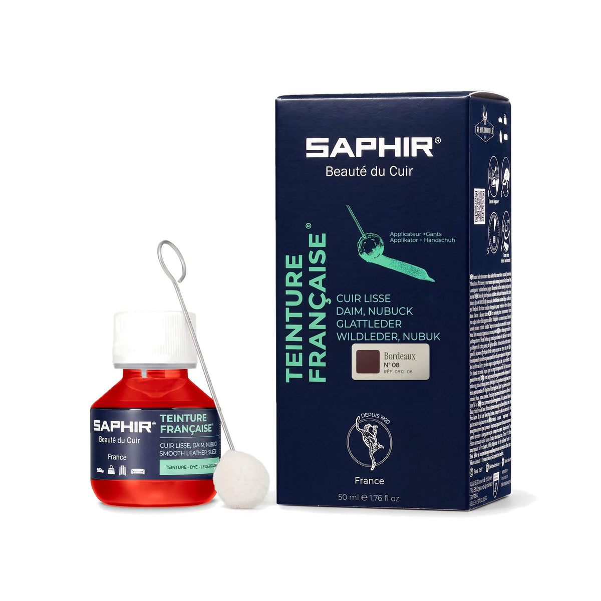 Teinture Française Saphir Bordeaux, flacon en verre de 50 ml avec bâtonnet applicateur et étui