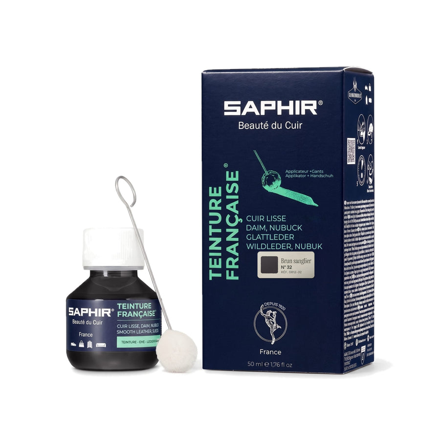 Teinture Française Saphir Brun sanglier, flacon en verre de 50 ml avec bâtonnet applicateur et étui