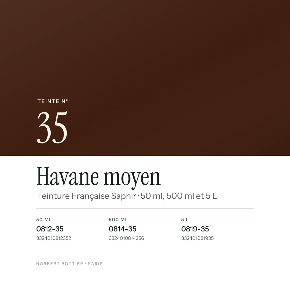 Teinte Havane moyen n° 35 de la Teinture Française Saphir, réf. 0812-35 / 0814-35 / 0819-35