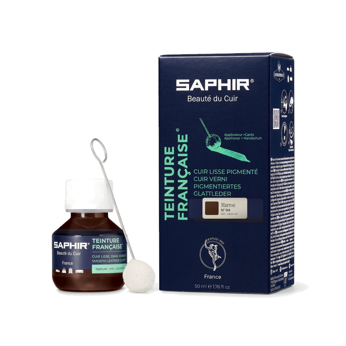 Teinture Française Saphir Marron, flacon en verre avec bâtonnet applicateur et étui de 50 ml