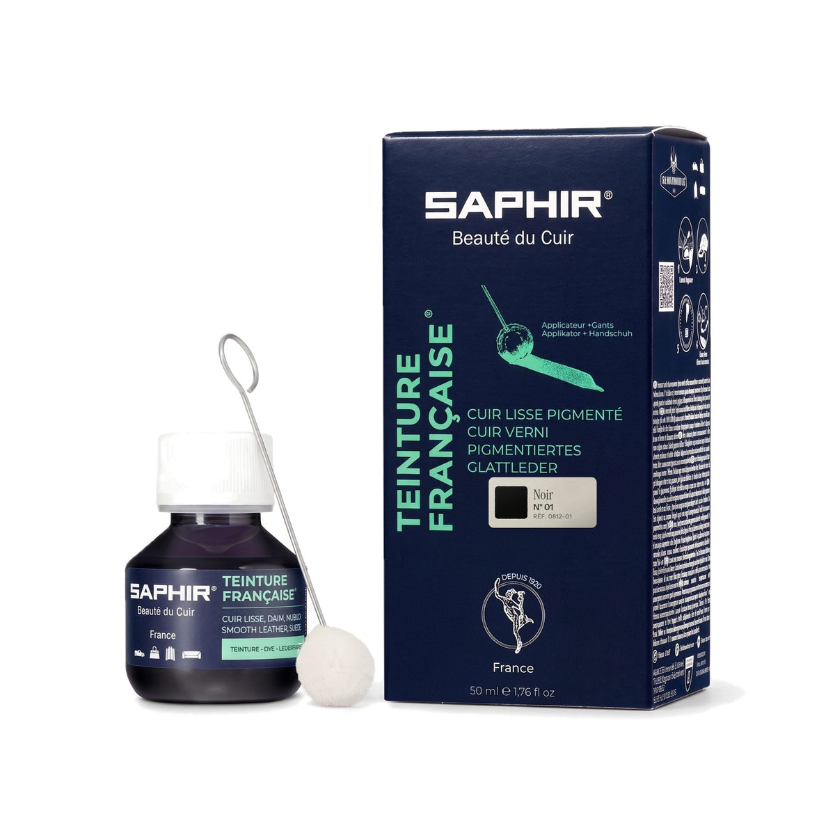 Teinture Française Saphir Noir, flacon en verre de 50 ml avec bâtonnet applicateur et étui