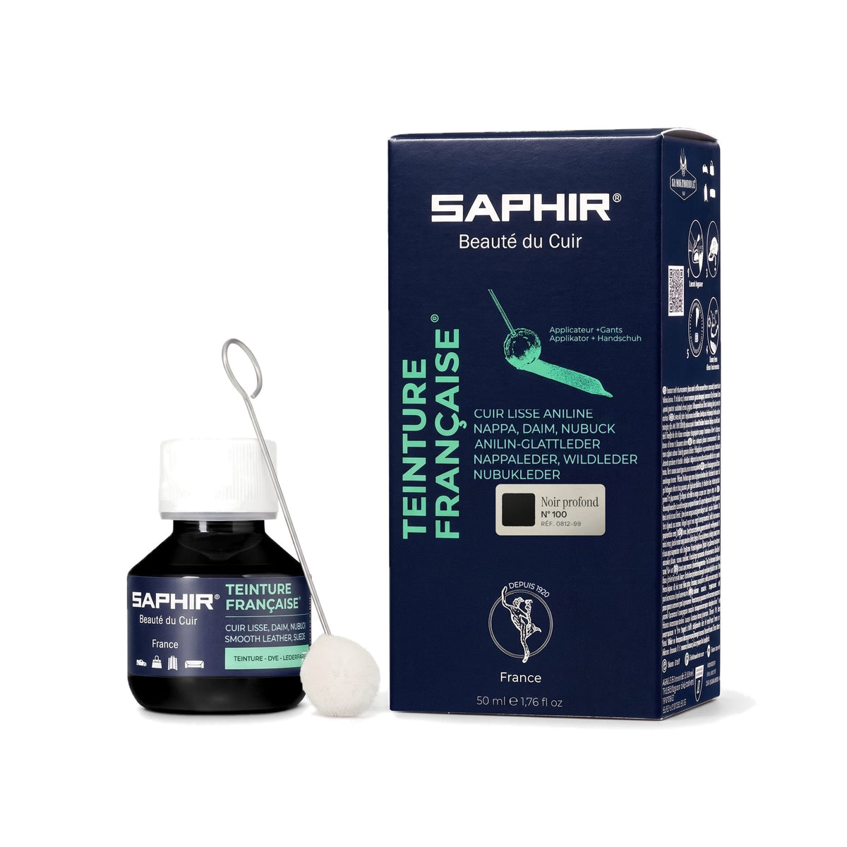 Teinture Française Saphir Noir profond, flacon en verre de 50 ml avec bâtonnet applicateur et étui